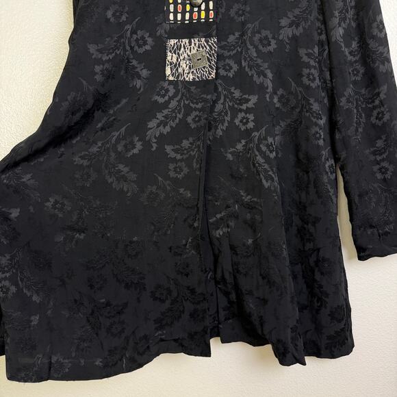 Vtg Yasuko Tunic Top Black M/L Womens Long Sleeve Jacquard Floral Artsy Button - Picture 3 of 10